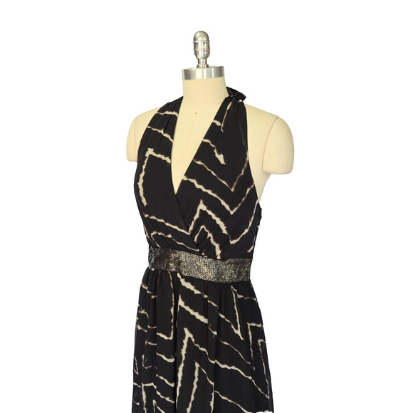 Vintage Y2K Express Black Halter Maxi Dress Size S Ikat Sequins Formal Party - Picture 6 of 11